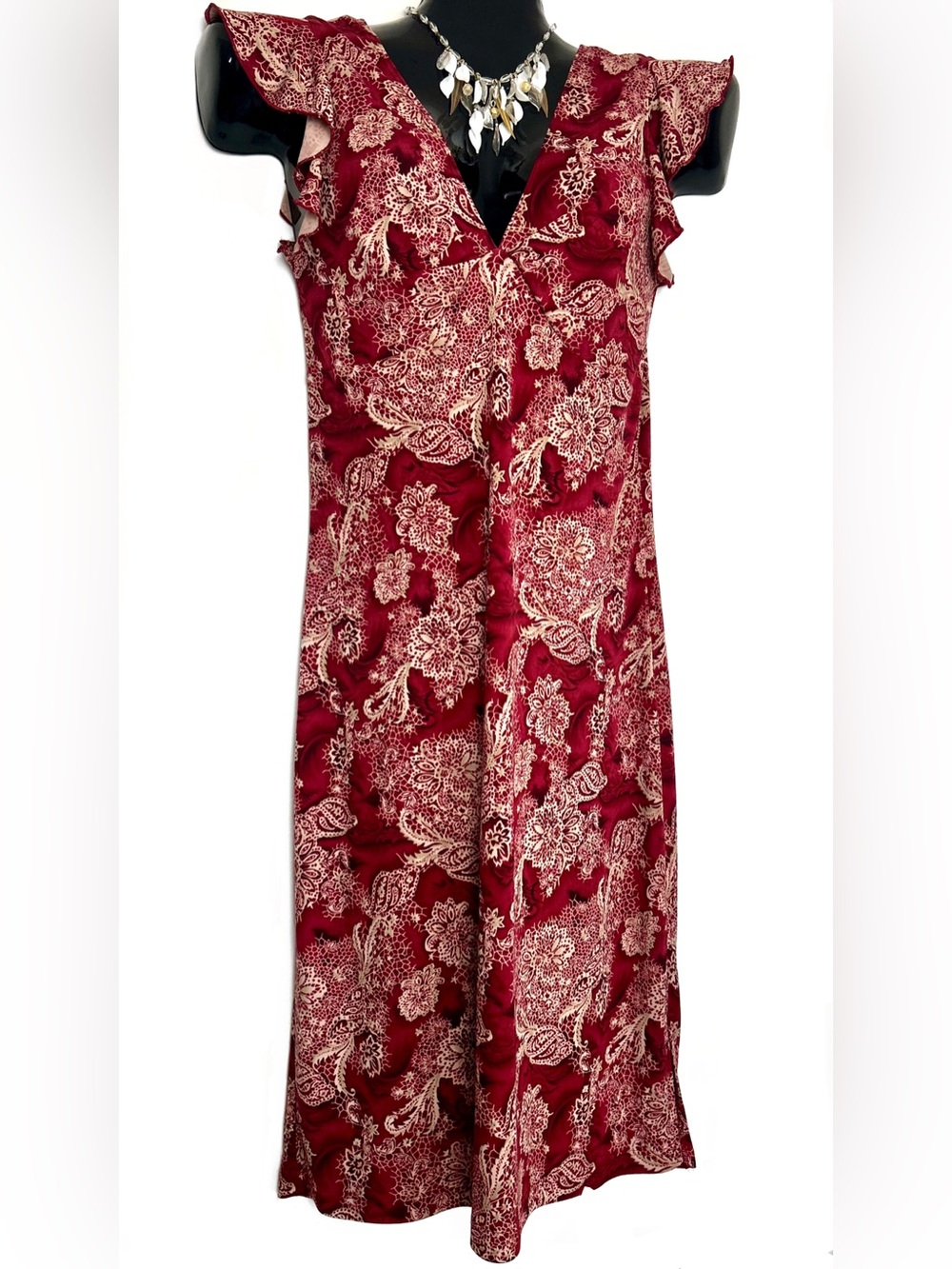 Elegant yet Comfortable “My Michelle” Red &Cream Floral Midi Dress